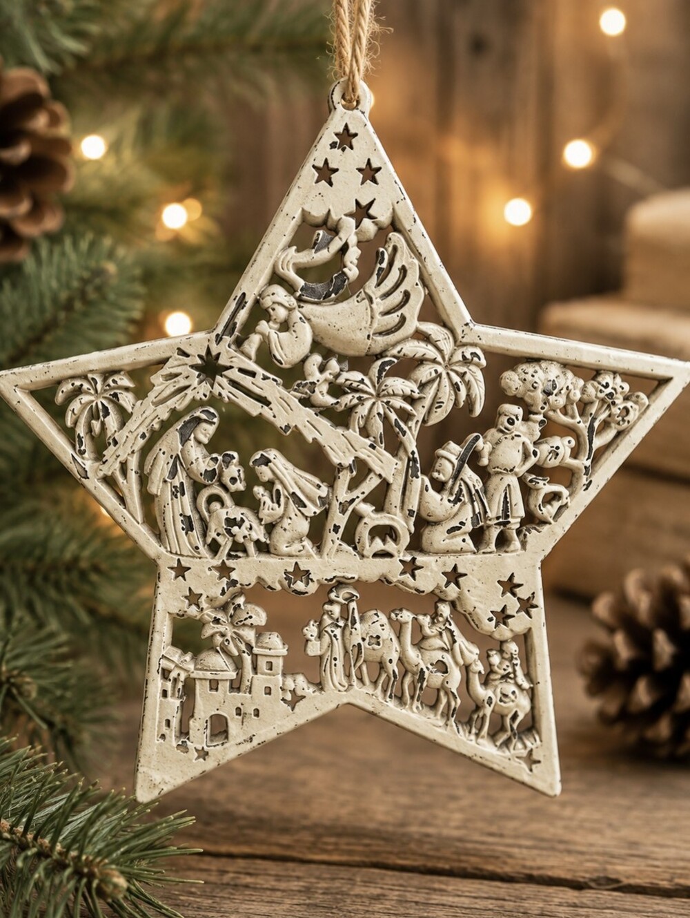 Vintage Metal Nativity Star Ornament 8.5” Distressed Farmhouse Christmas Decor